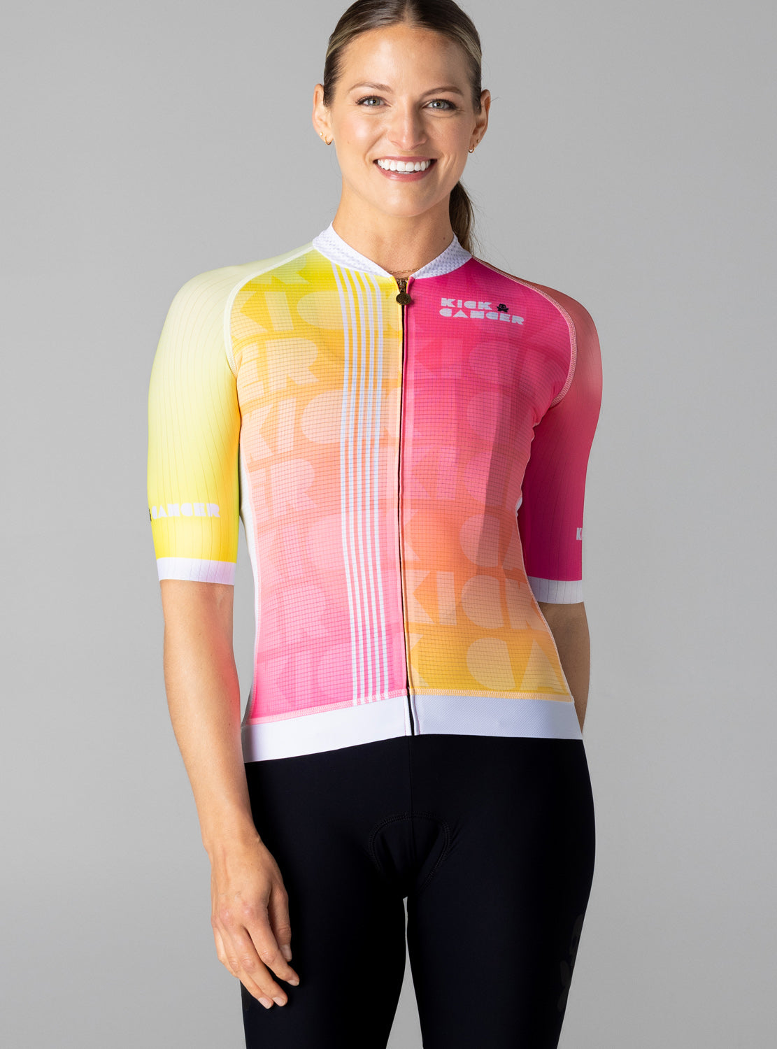 betty designs kick cancer cycling jersey for women with a charity component giving a percentage of profits back to cancer research
