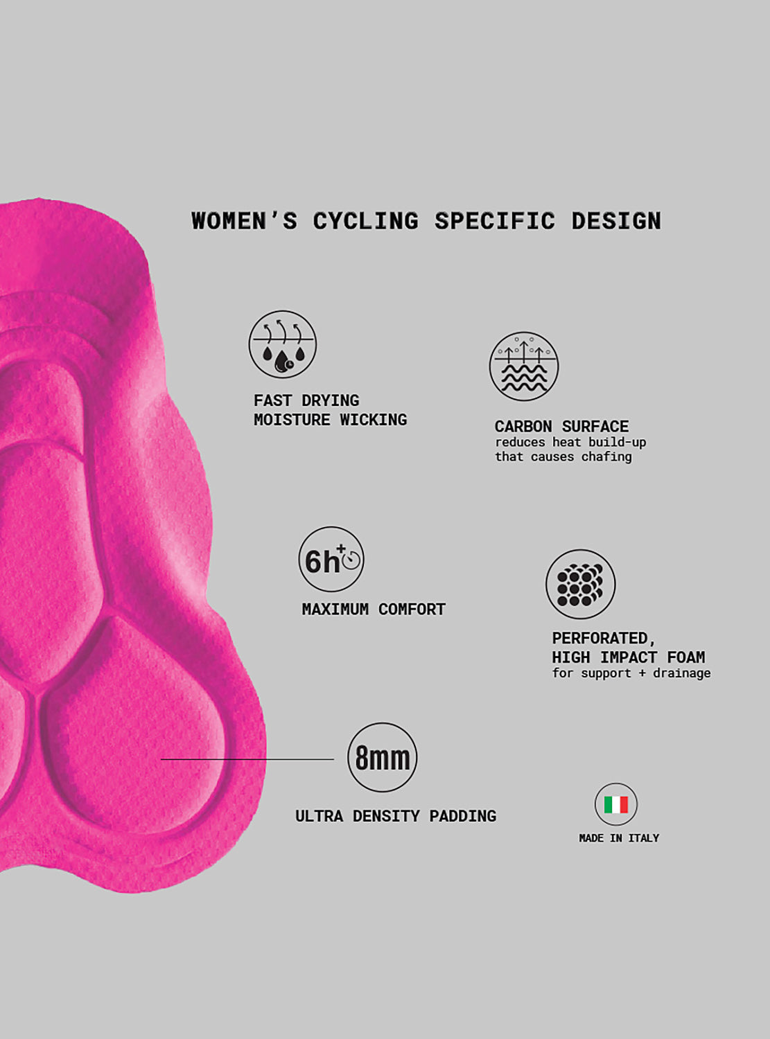 Women's cycling padding with design features on a gray background
