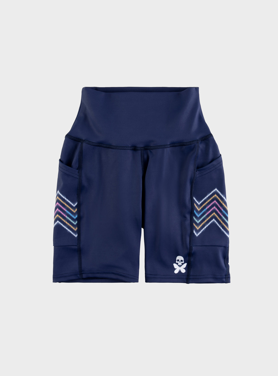 Navy blue athletic shorts featuring a high waistband, side cargo pockets, multicolor chevron stripes on the sides, and a small white skull logo on the lower left leg.