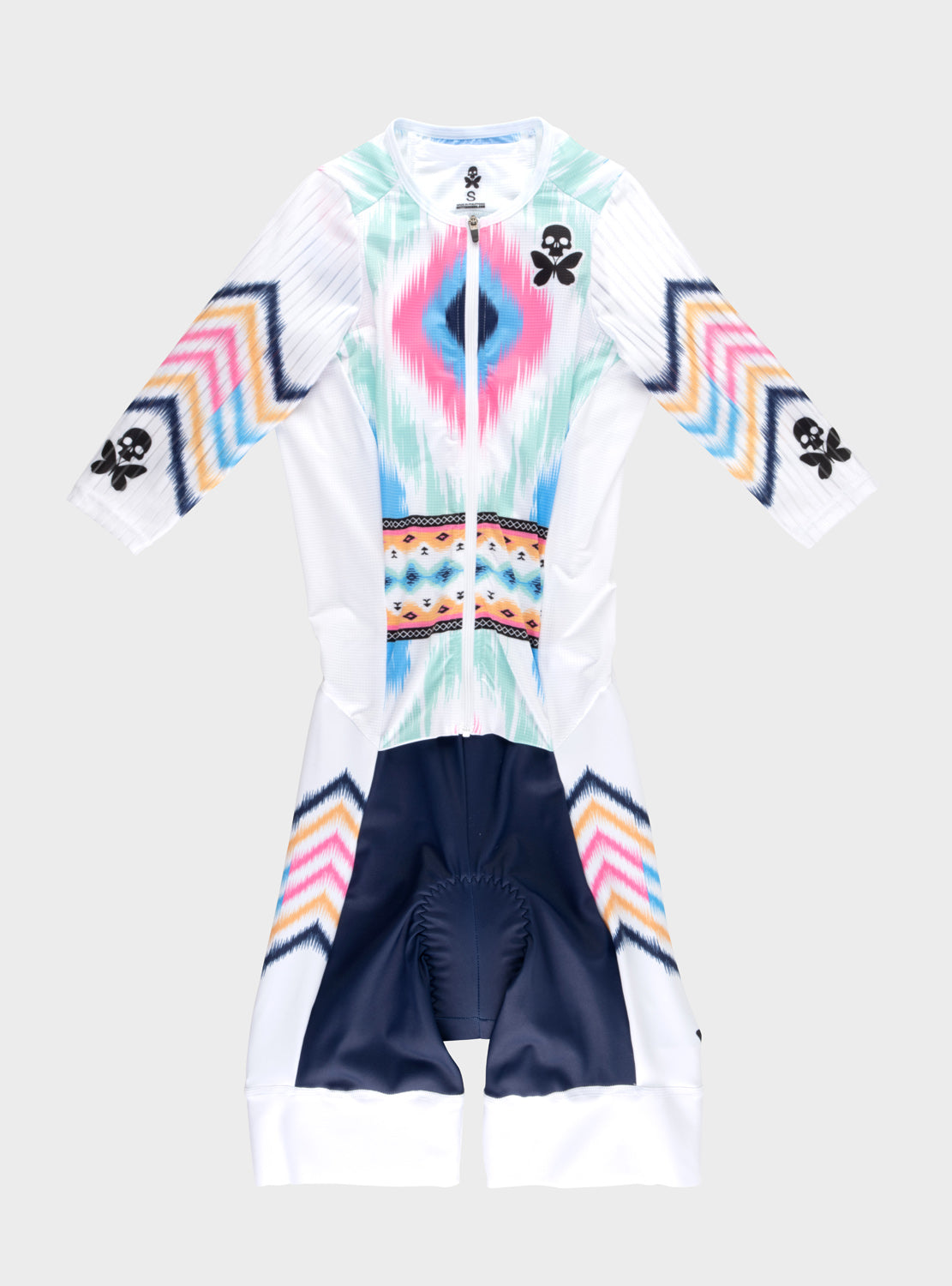 A one-piece short sleeve triathlon race suit  with integrated shorts, featuring a white base with a colorful geometric and tribal-inspired pattern in pink, blue, yellow, and orange, along with black skull  butterfly graphics on the side.