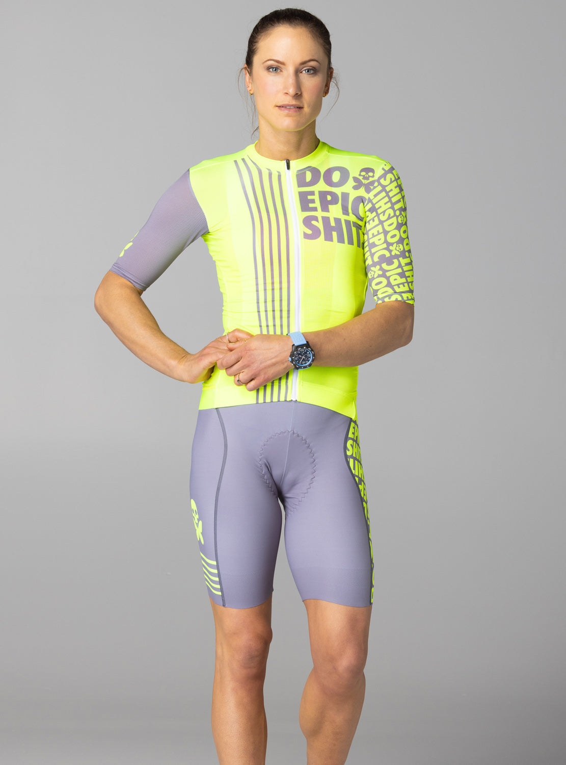 betty designs do epic shit neon cycling jersey and cycling bib short for women