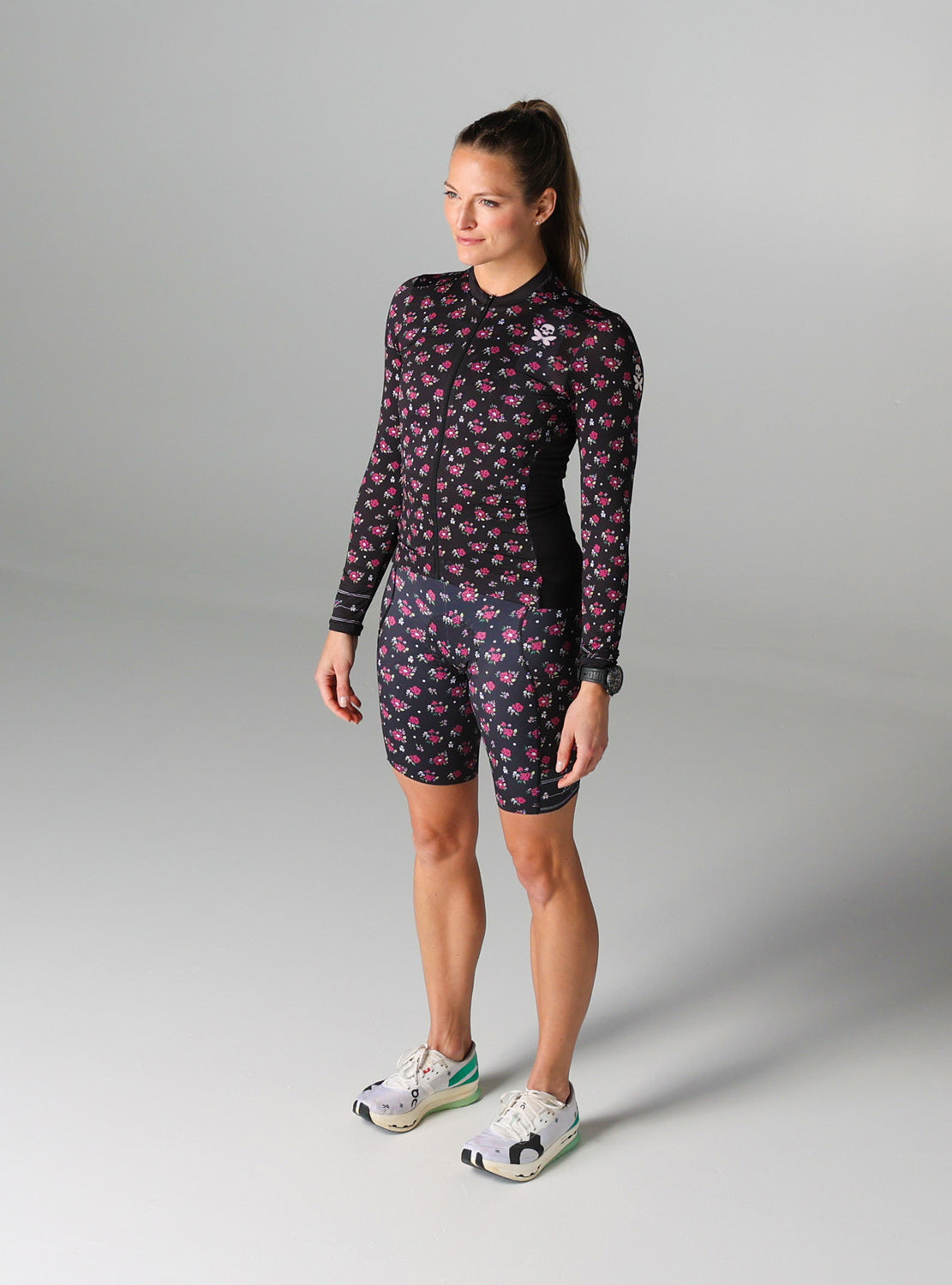 betty designs garden party long sleeve cycling jersey and cycling bib shorts for women