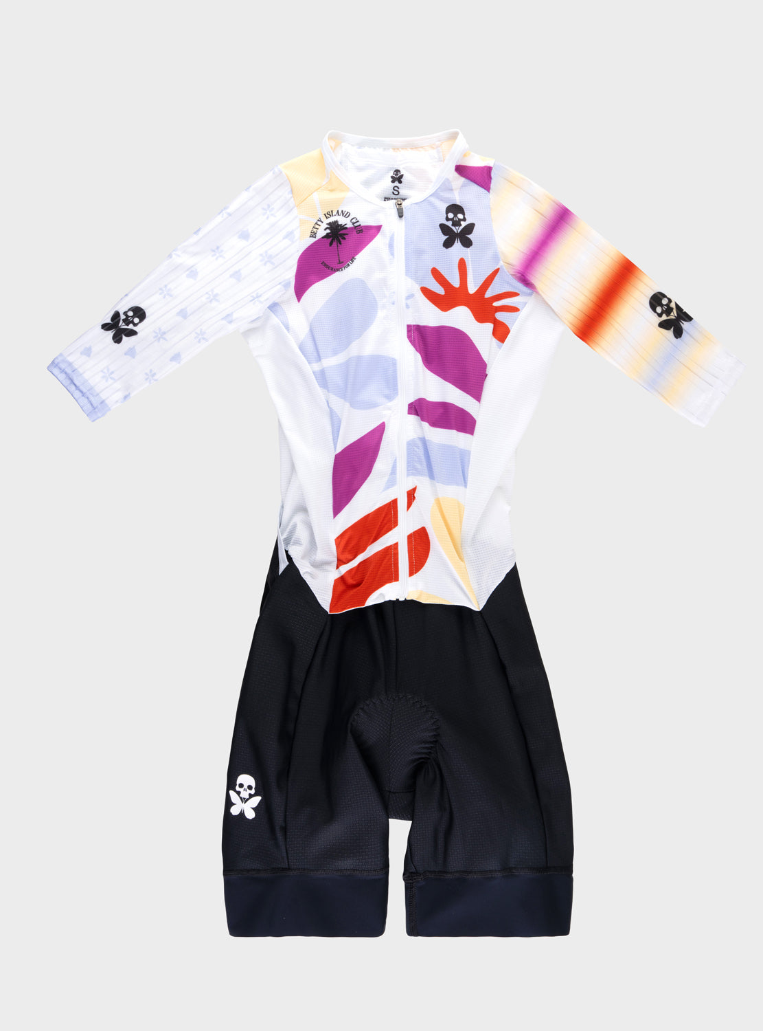 betty designs kona26 Women's short sleeve triathlon race suit with tropical print top and solid back bottom