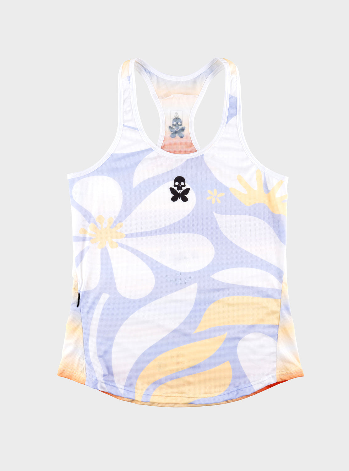 Betty Designs Kona26 Run Singlet — women's racerback triathlon and running tank in White/Light Sky/Tropical Floral print, UPF 35+