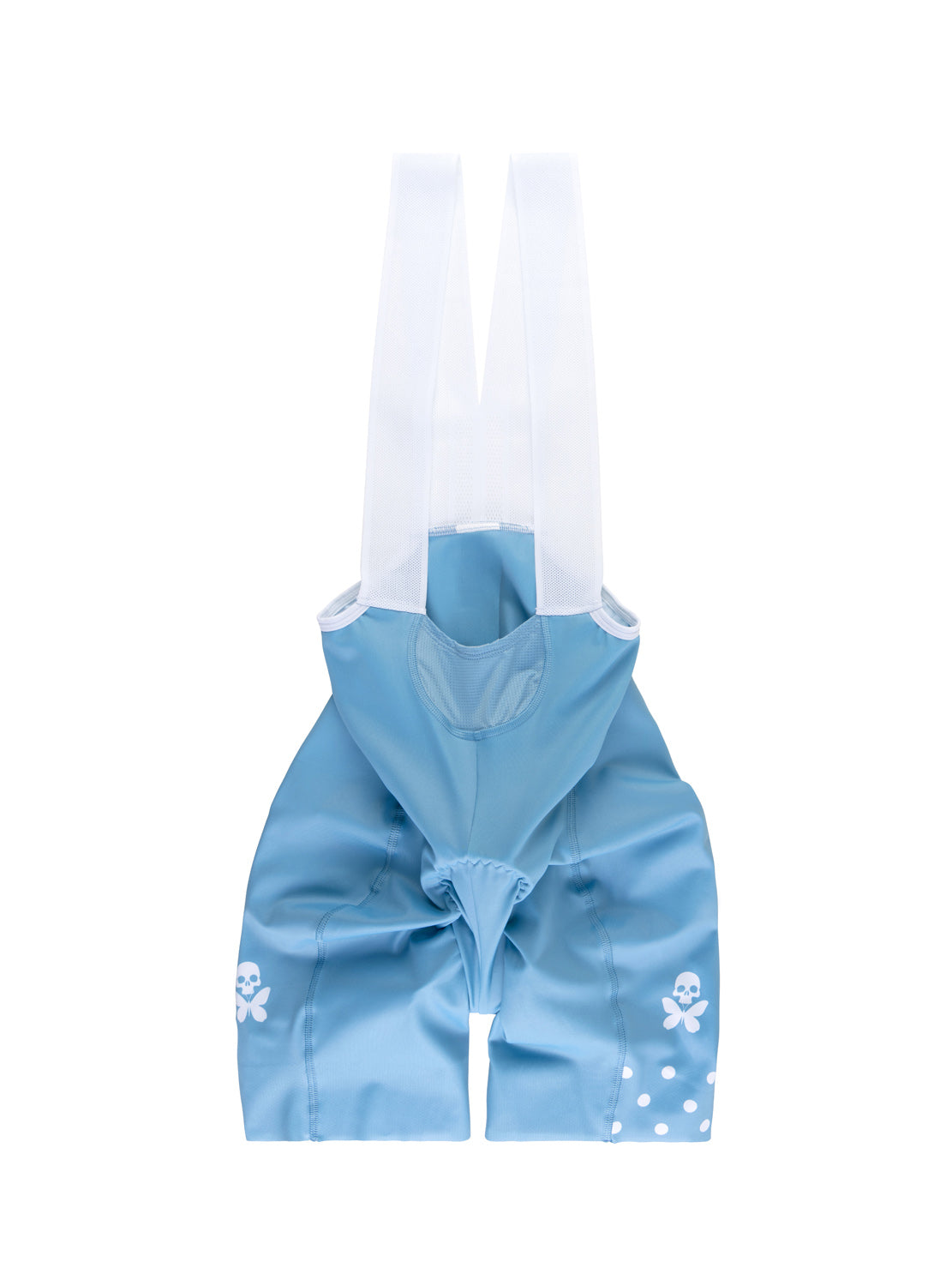 A light blue pet bib with white shoulder straps, featuring small white printed cartoon motifs on the lower front panels, shown against a plain white background.