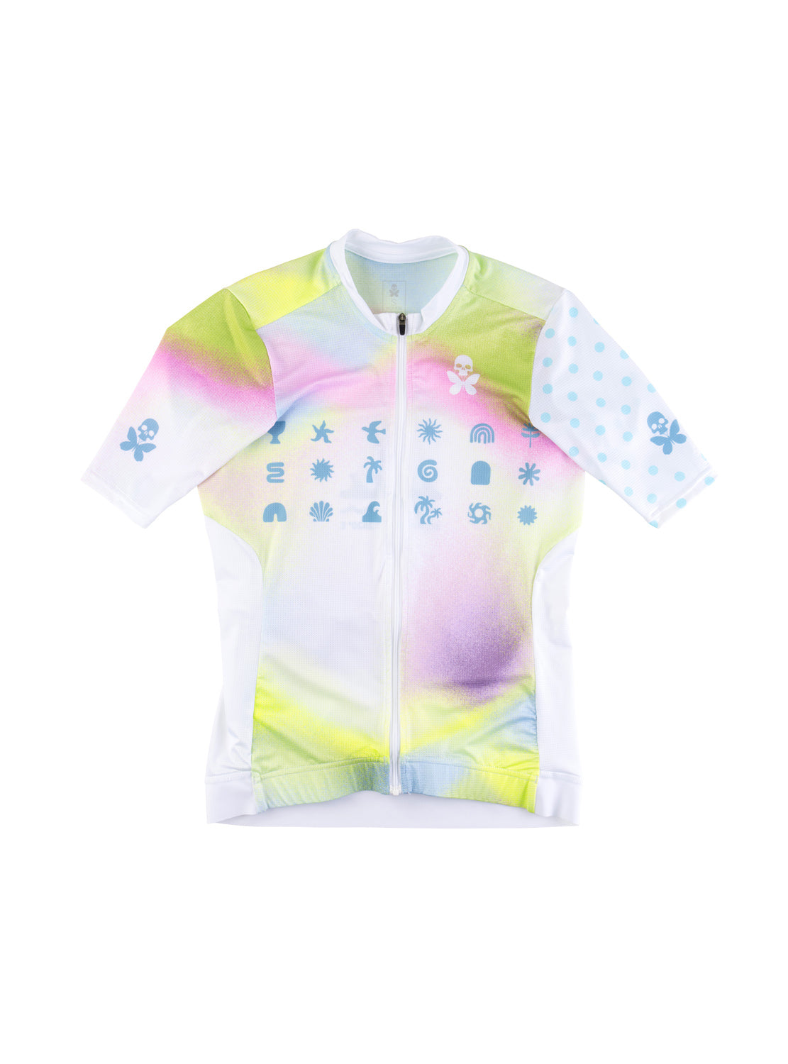 A short-sleeve cycling jersey with a pastel tie-dye pattern in pink, yellow, green, and purple, featuring light blue sun and wave graphics on the chest and sleeves, displayed on a solid white background.