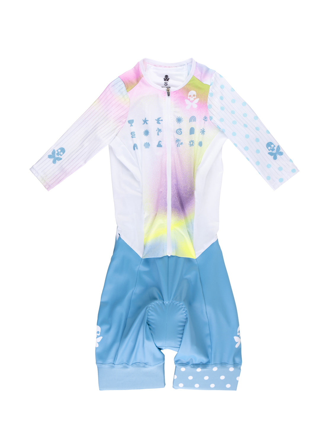 A one piece women's triathlon suit, featuring a pastel rainbow gradient on the upper body, light blue polka-dot sleeves and leg warmers, and light blue accents on a white background.