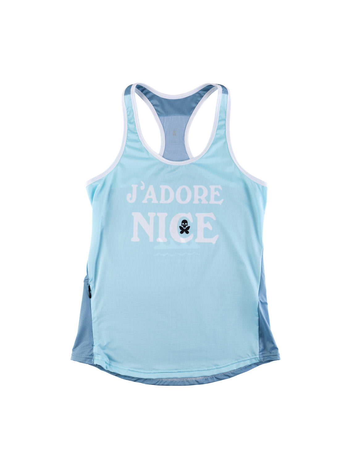 A light blue athletic tank top with white trim and the text 'J'ADORE NICE' printed on the front, displayed against a solid white background.