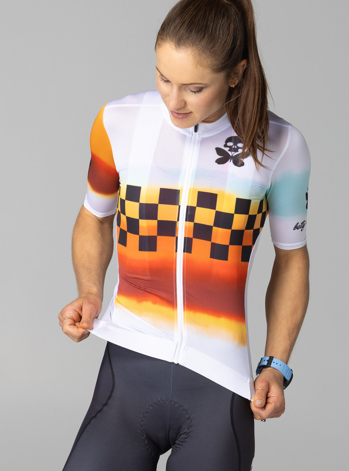 betty designs racing the sunset cycling jerssey and cycling bib short for women