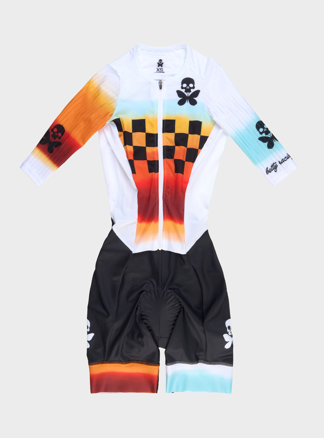 betty designs racing the sunset short sleeved triathlon race suit for women