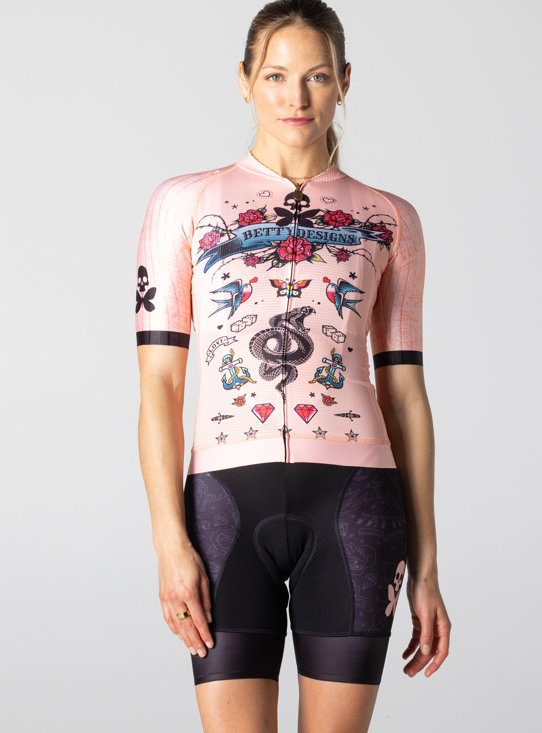 betty designs tattoo cycling jersey and bib short for women