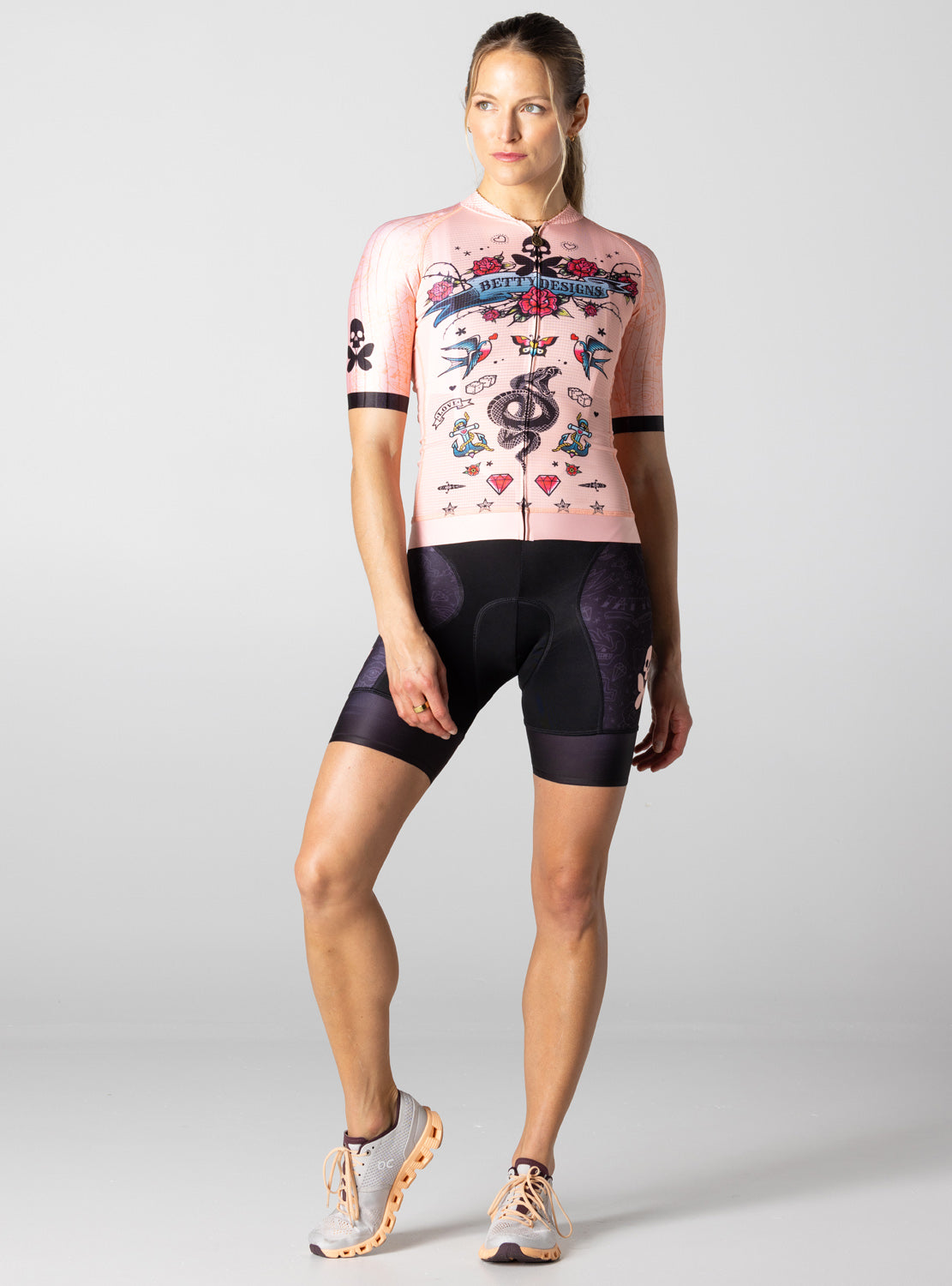 betty designs tattoo cycling jersey and bib short for women